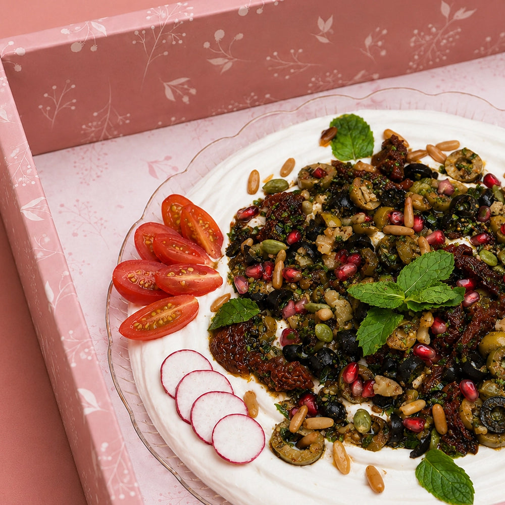 Mazzah Labneh Platter with fresh labneh, olive oil and garnish — close-up view