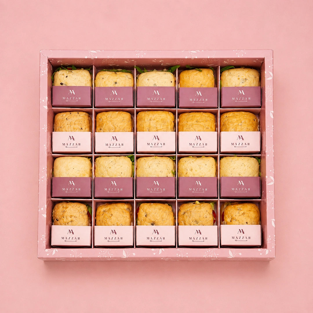 Mazzah Mini Ciabatta Box with square ciabatta sandwiches
