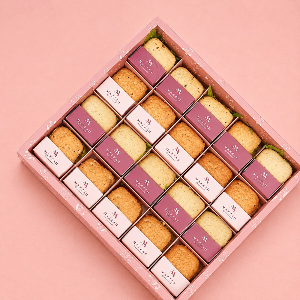 Mazzah Mini Ciabatta Box with square ciabatta sandwiches — serving presentation