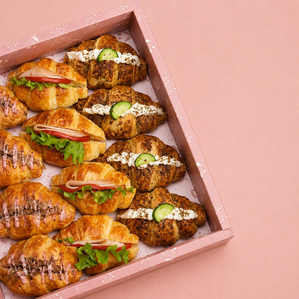 Mazzah Mini Croissant Box with buttery mini croissants — close-up view