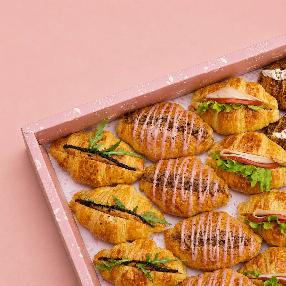 Mazzah Mini Croissant Box with buttery mini croissants — overhead view