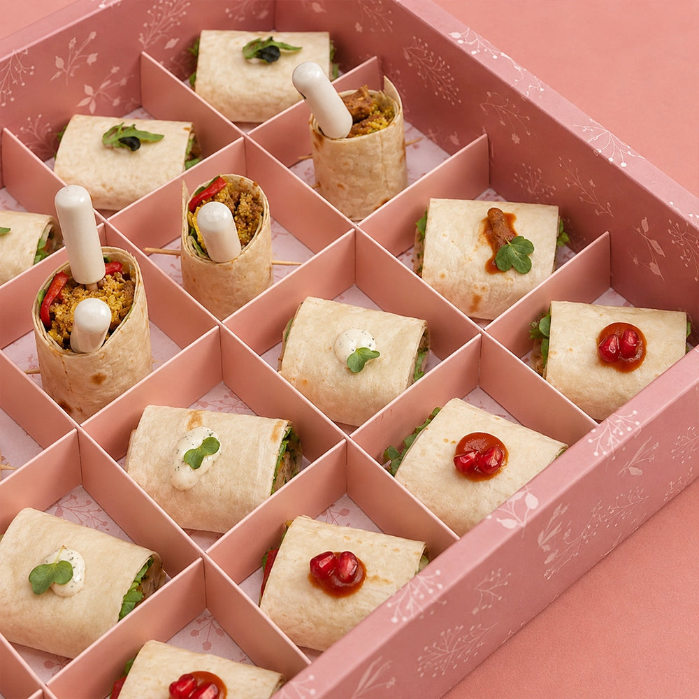 Mazzah Mini Rolls Box with assorted filled mini rolls — overhead view