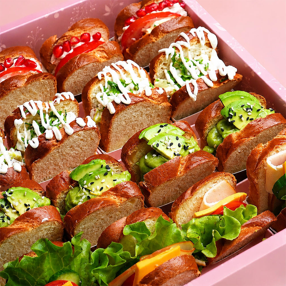 Mazzah Mini Toast Box with mini toast breakfast bites — close-up view