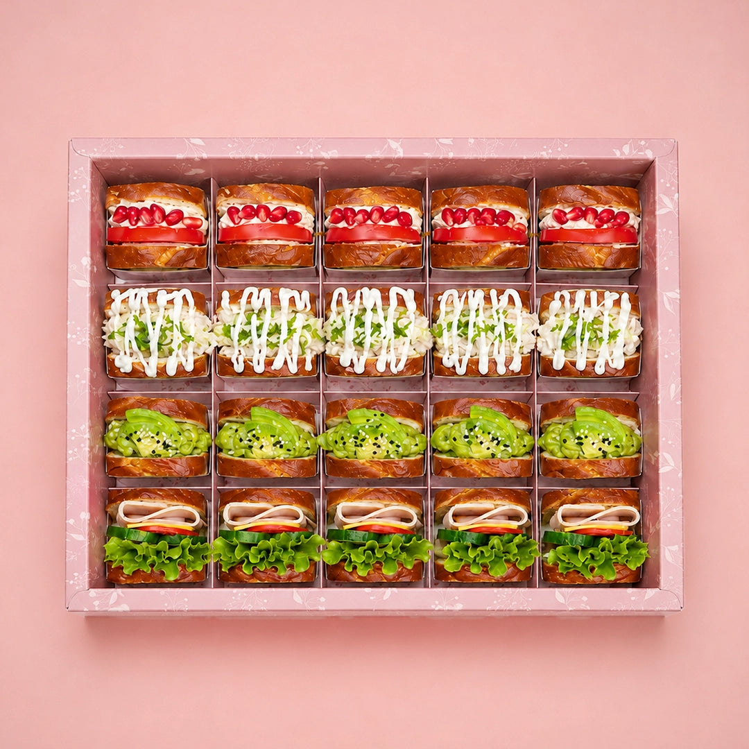 Mazzah Mini Toast Box with mini toast breakfast bites — serving presentation