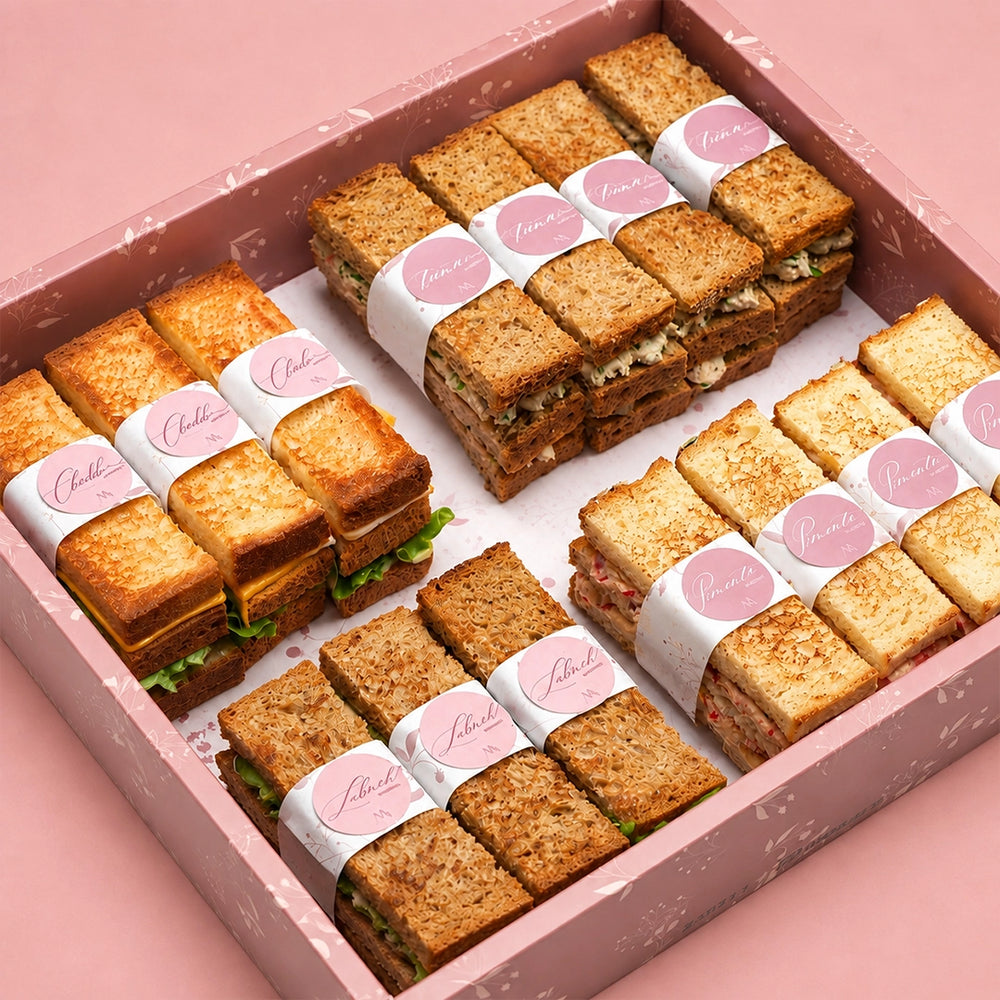 Mazzah Toast Sandwich Box with assorted toast sandwiches — close-up view