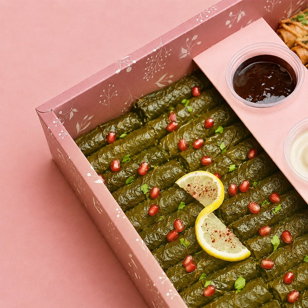 Mazzah Waraq Enab, Fattah and Musakhan Box with Levantine mains — serving presentation